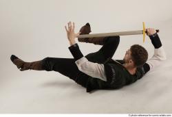 Man Adult Athletic White Fighting with sword Laying poses Casual
